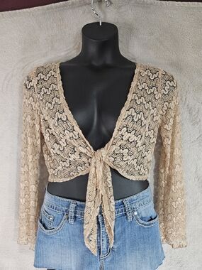 Worthington Beige Lace Tie-Front Crop Top